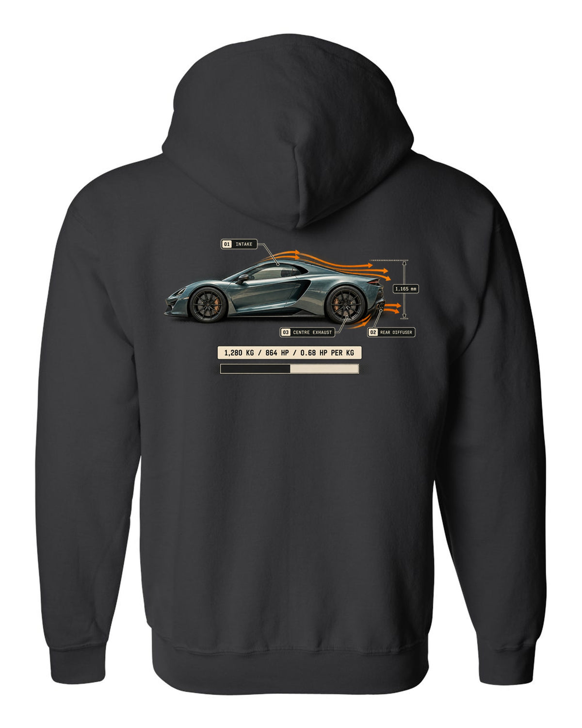 Airflow callout print of the Pagani Utopia with the text 1,280 kg, 864 hp, 0.68 hp per kg black zip hoodie back view with the design