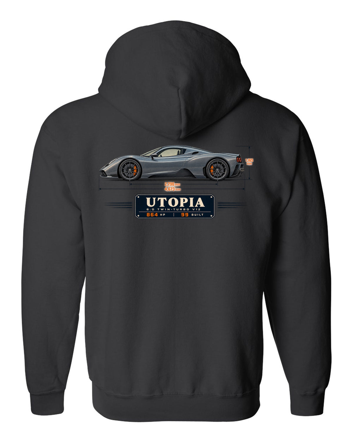 Blueprint print of the Pagani Utopia coupe with the text 6.0 twin-turbo V12, 864 hp, 99 built black zip hoodie back view with the design