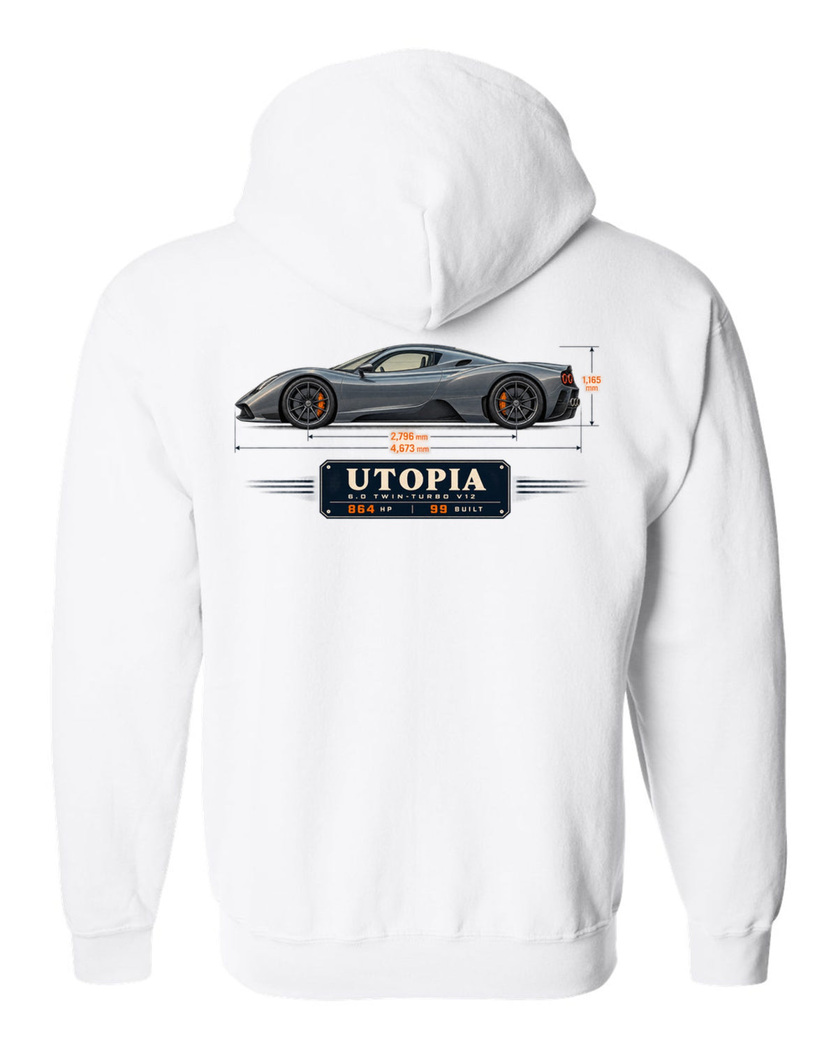 Blueprint print of the Pagani Utopia coupe with the text 6.0 twin-turbo V12, 864 hp, 99 built white zip hoodie back view with the design