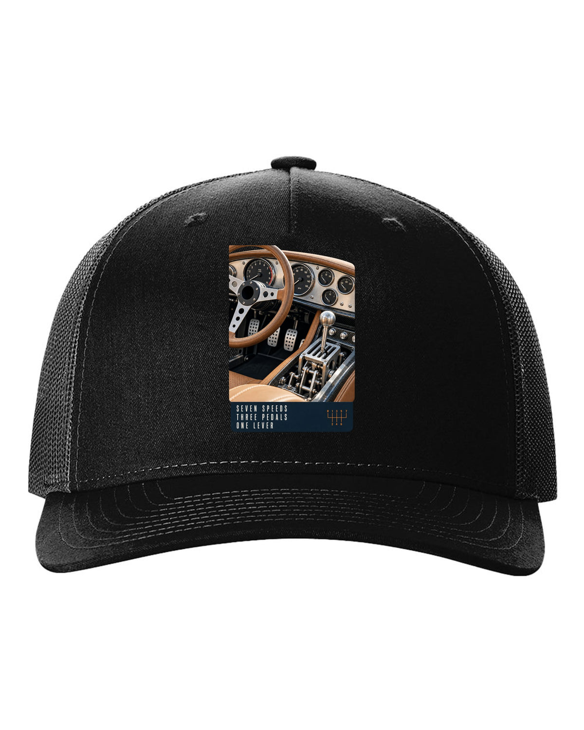 print of the Pagani Utopia manual cockpit and gated shifter black hat front view with the design