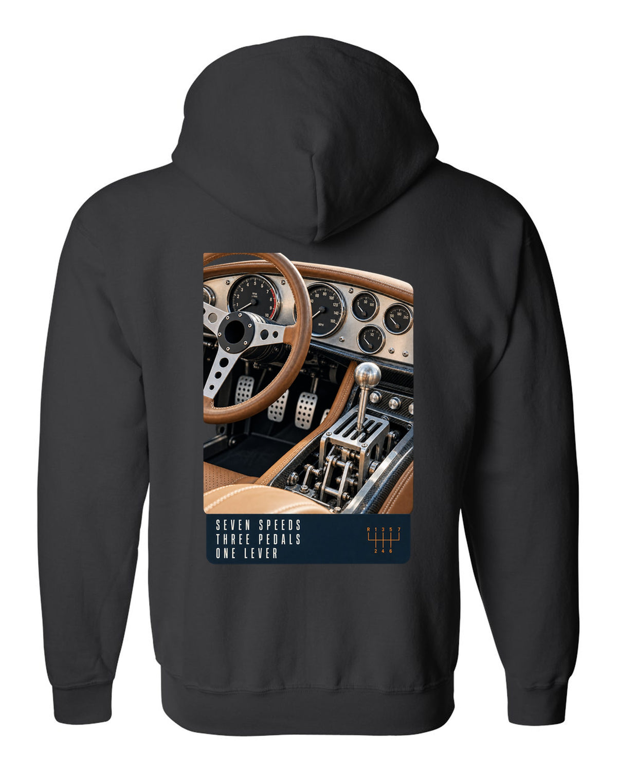 print of the Pagani Utopia manual cockpit and gated shifter black zip hoodie back view with the design