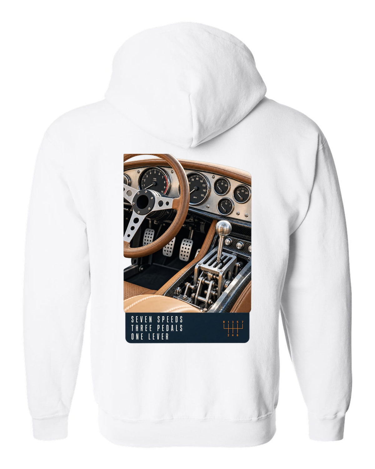 print of the Pagani Utopia manual cockpit and gated shifter white zip hoodie back view with the design