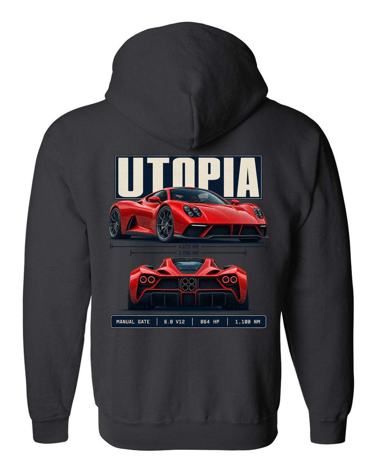 Spec poster print of the Pagani Utopia with the text manual gate, 6.0 V12, 864 hp, 1,100 Nm black zip hoodie back view with the design