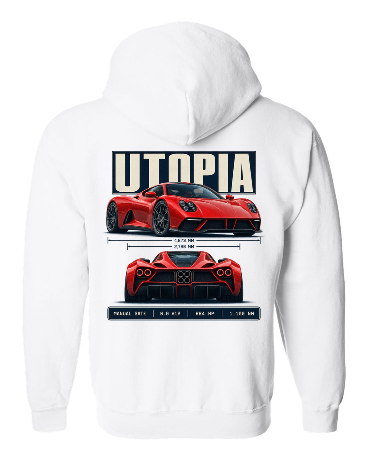 Spec poster print of the Pagani Utopia with the text manual gate, 6.0 V12, 864 hp, 1,100 Nm white zip hoodie back view with the design