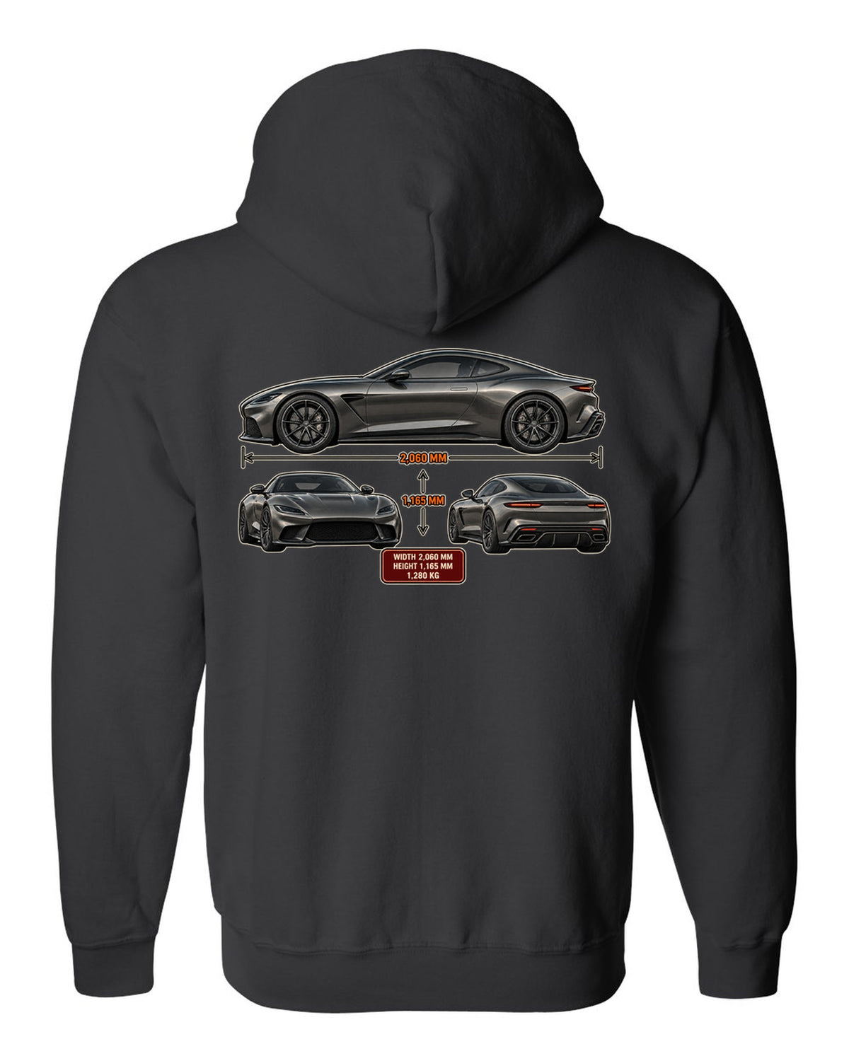 Three-view spec sheet print of the Pagani Utopia coupe with width 2,060 mm, height 1,165 mm, 1,280 kg black zip hoodie back view with the design