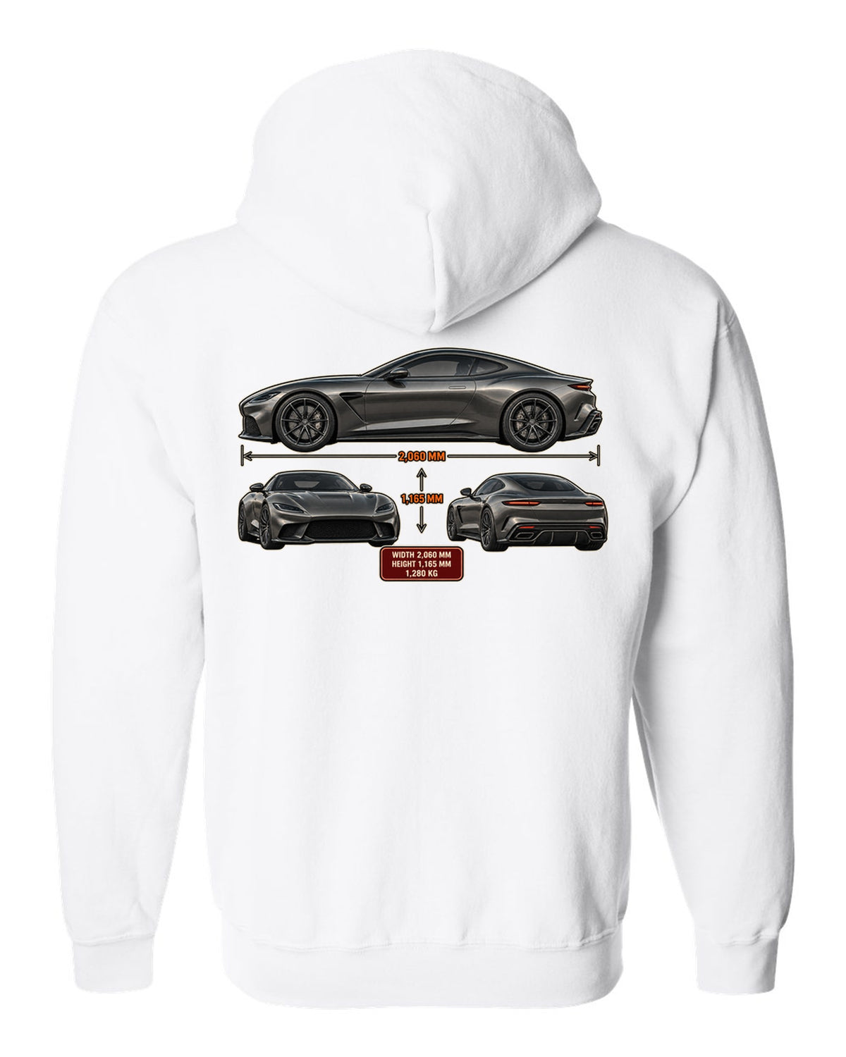 Three-view spec sheet print of the Pagani Utopia coupe with width 2,060 mm, height 1,165 mm, 1,280 kg white zip hoodie back view with the design