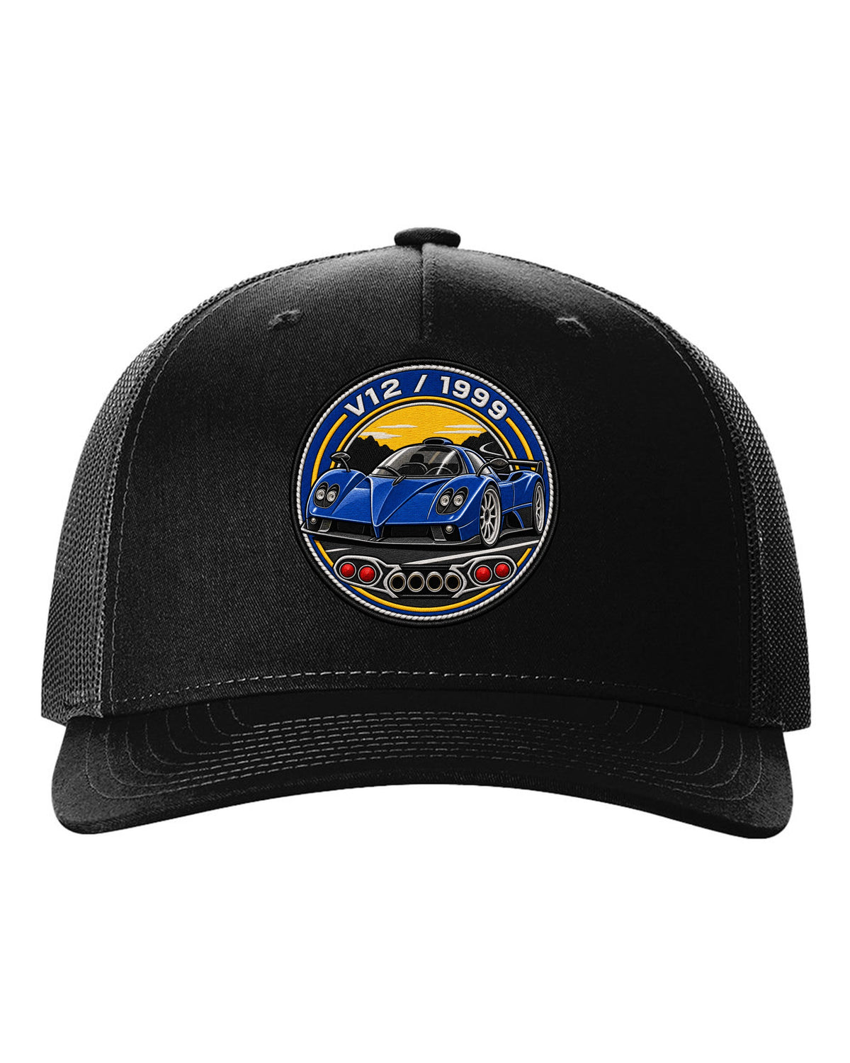 Varsity embroidery-style print for the 1999 Pagani Zonda C12 with V12 and 1999 lettering black hat front view with the design