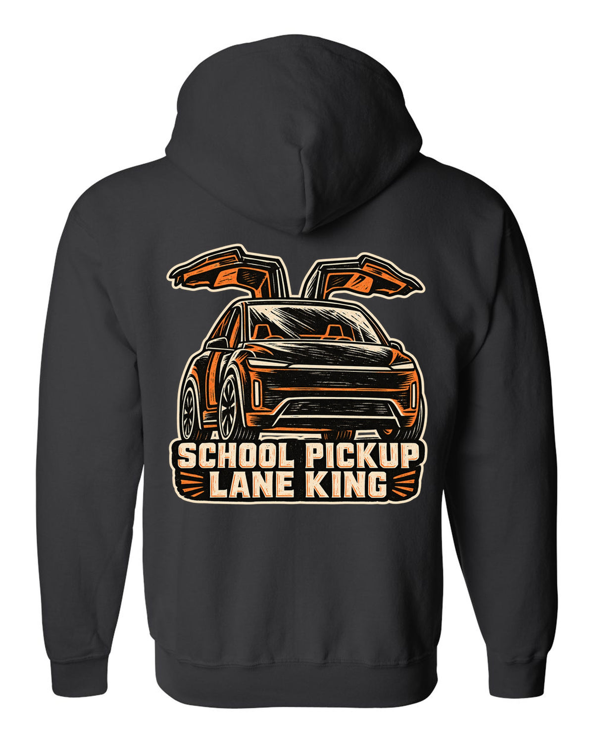 Chunky linocut woodblock print of a Tesla Model X reading School Pickup Lane King black zip hoodie back view with the design