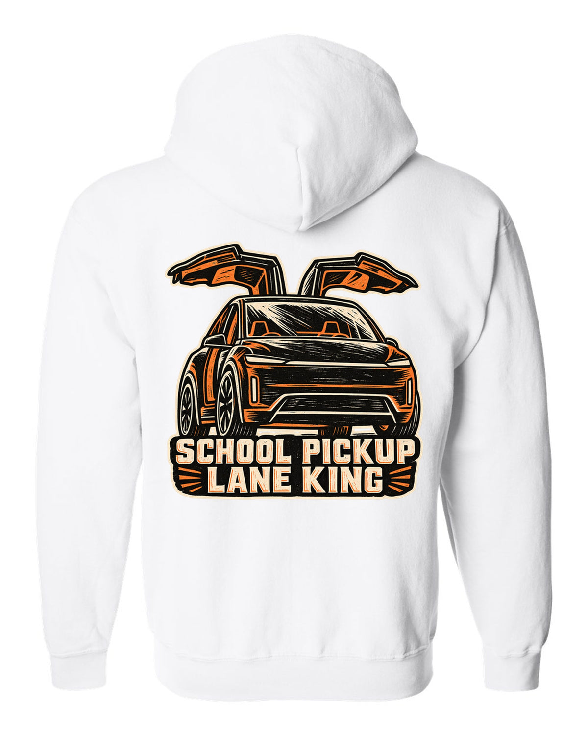 Chunky linocut woodblock print of a Tesla Model X reading School Pickup Lane King white zip hoodie back view with the design
