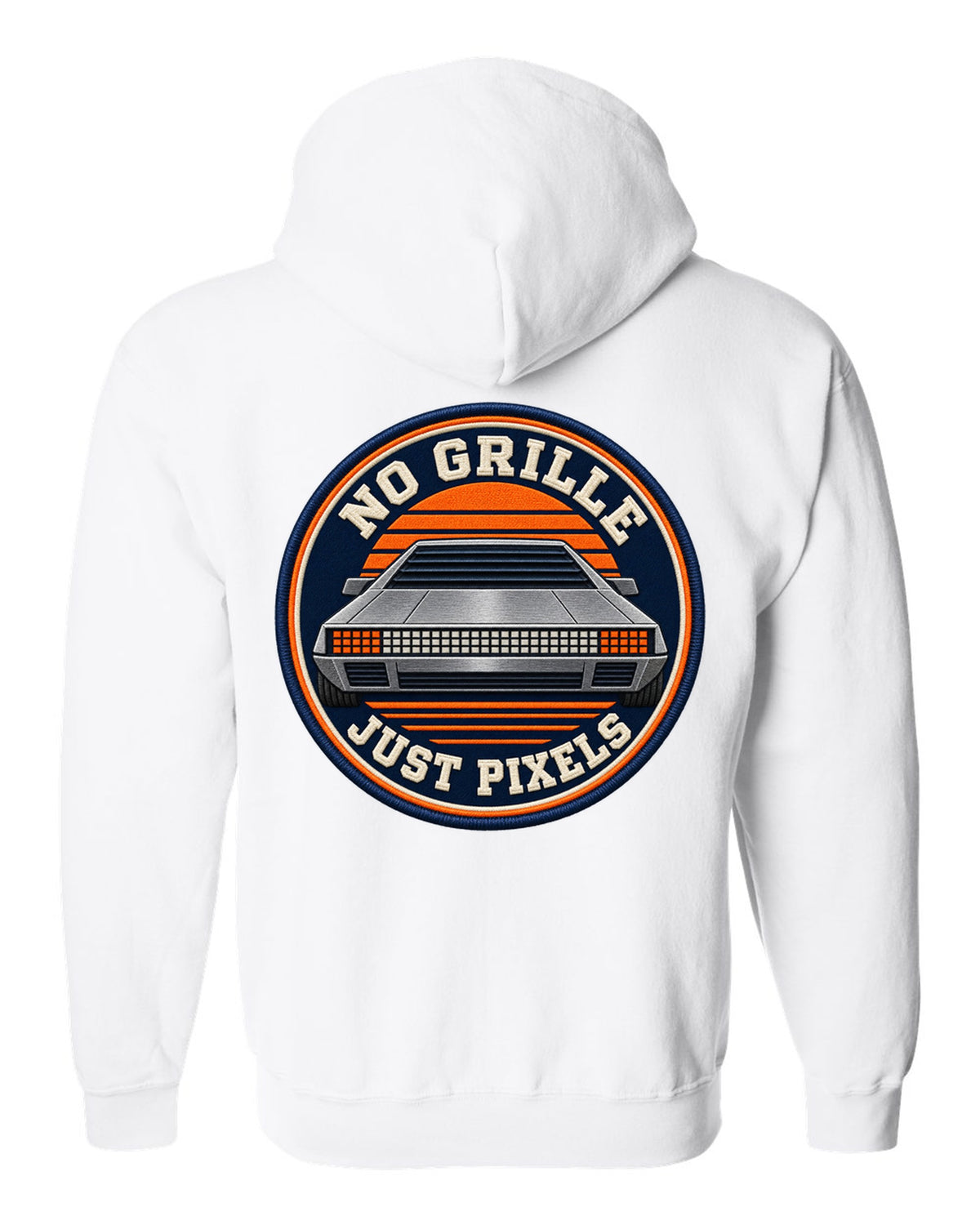 Varsity crest design of the Hyundai N Vision 74 concept with pixel styling white zip hoodie back view with the design