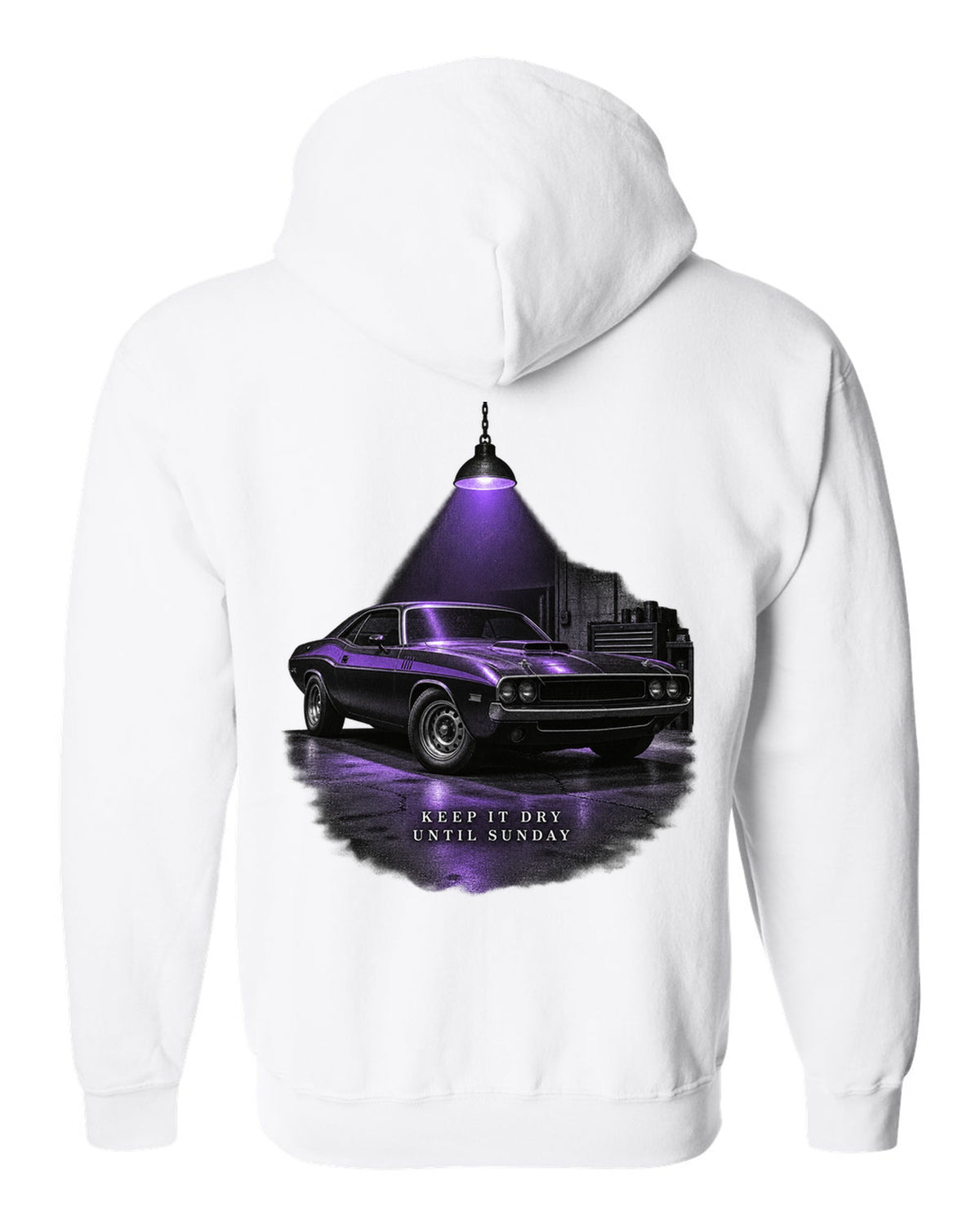 Garage night print of a Plum Crazy 1970 Dodge Challenger R/T with keep it dry until Sunday text white zip hoodie back view with the design