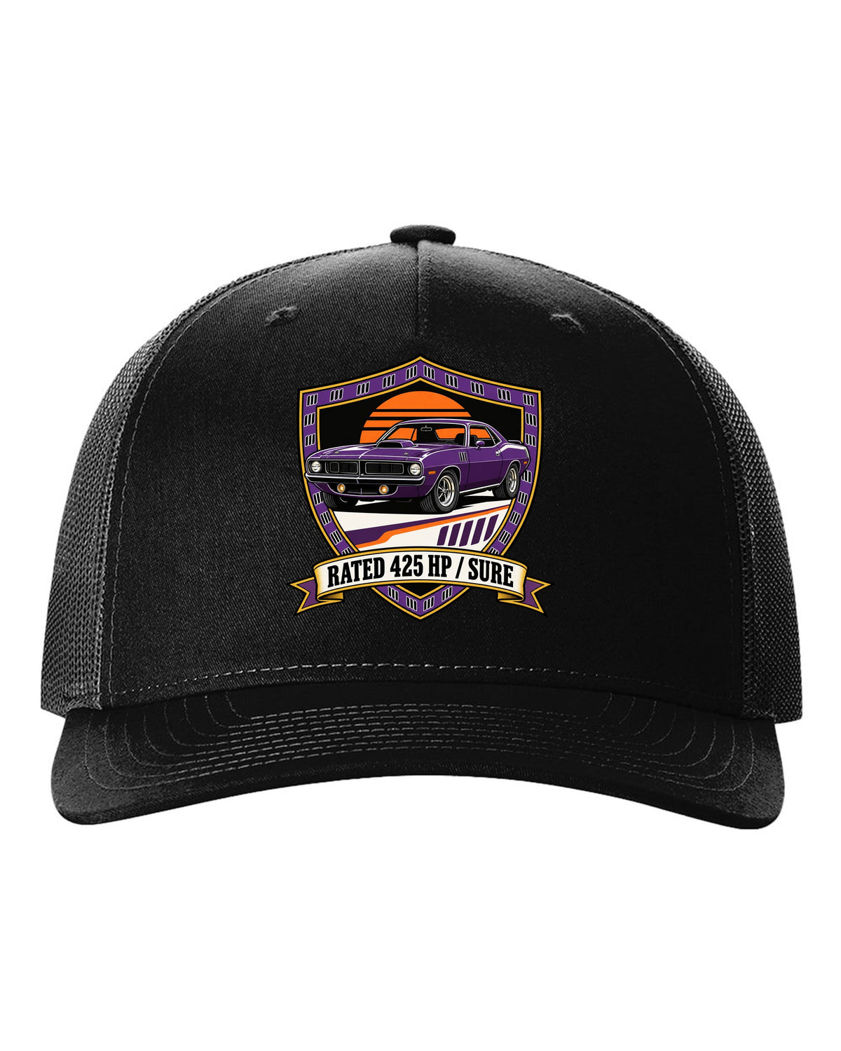 Original shield crest design for a 1970 Plymouth Hemi Cuda with rated 425 HP sure text black hat front view with the design