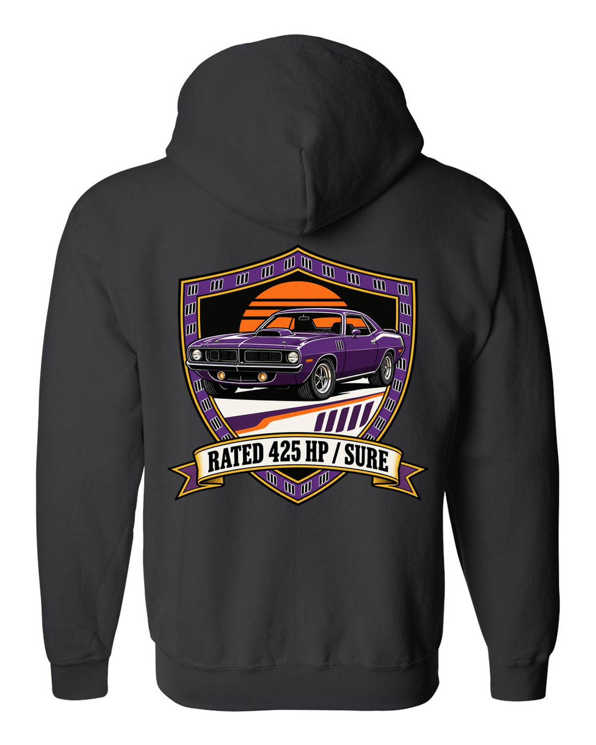 Original shield crest design for a 1970 Plymouth Hemi Cuda with rated 425 HP sure text black zip hoodie back view with the design