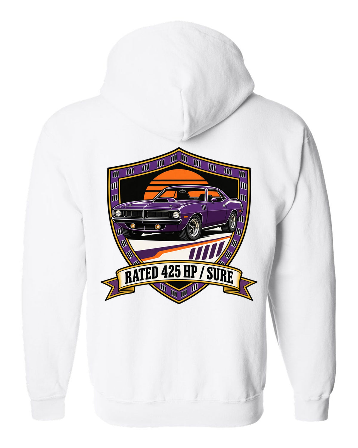 Original shield crest design for a 1970 Plymouth Hemi Cuda with rated 425 HP sure text white zip hoodie back view with the design