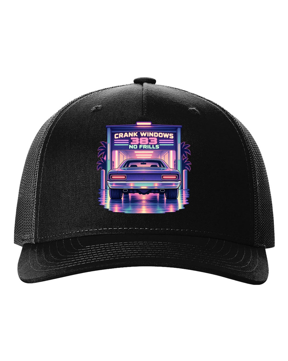 Vaporwave pastel night garage with a 1970 Plymouth Road Runner and 383 no frills lettering black hat front view with the design