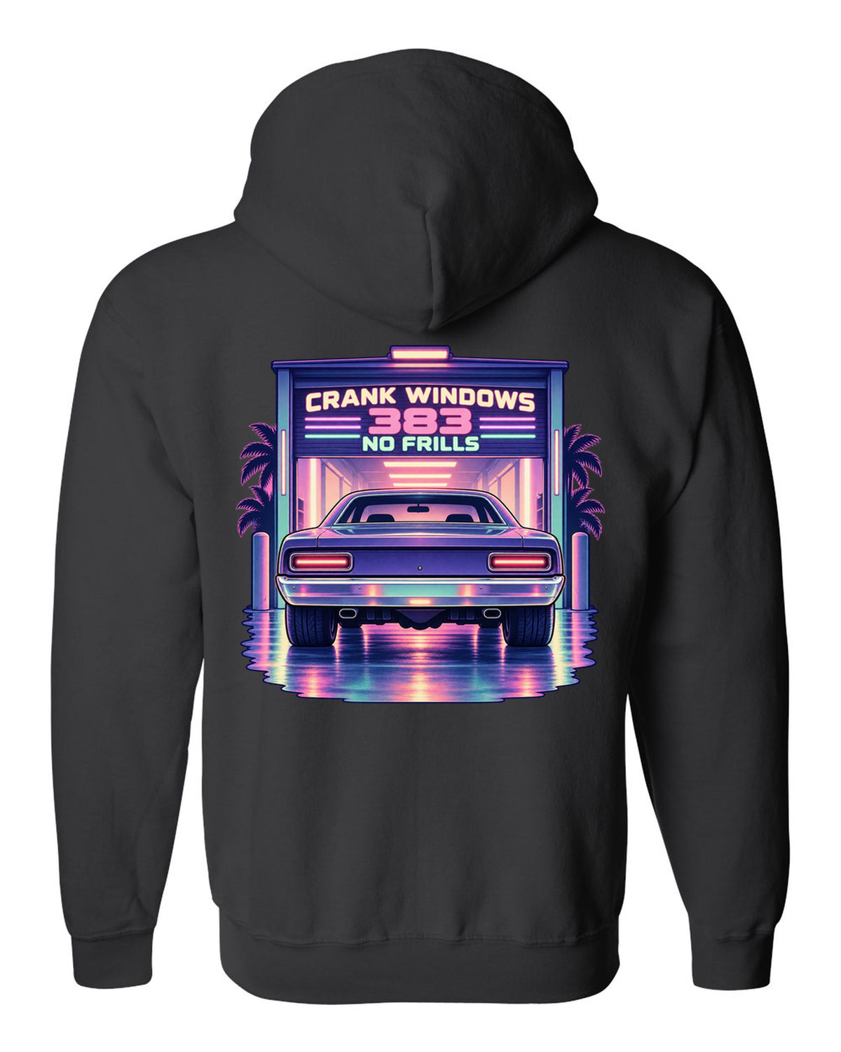 Vaporwave pastel night garage with a 1970 Plymouth Road Runner and 383 no frills lettering black zip hoodie back view with the design