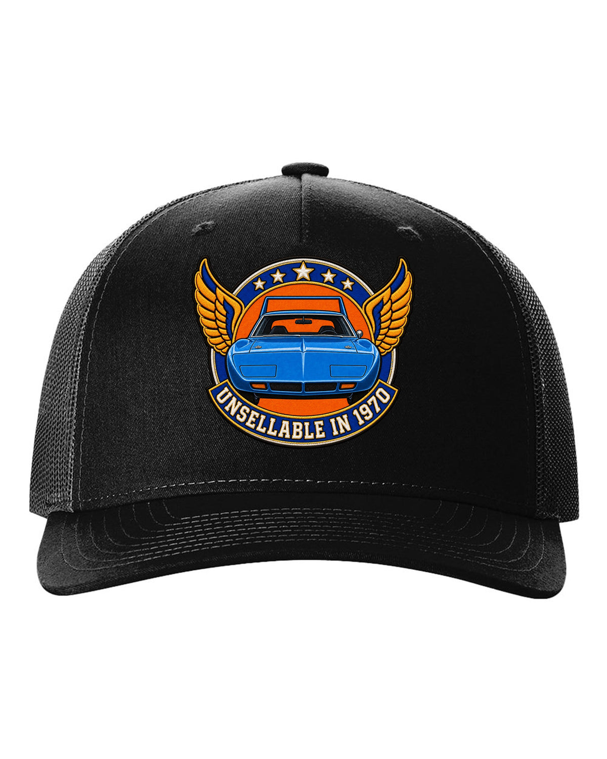 Embroidery-style varsity crest for the 1970 Plymouth Superbird with unsellable in 1970 text black hat front view with the design