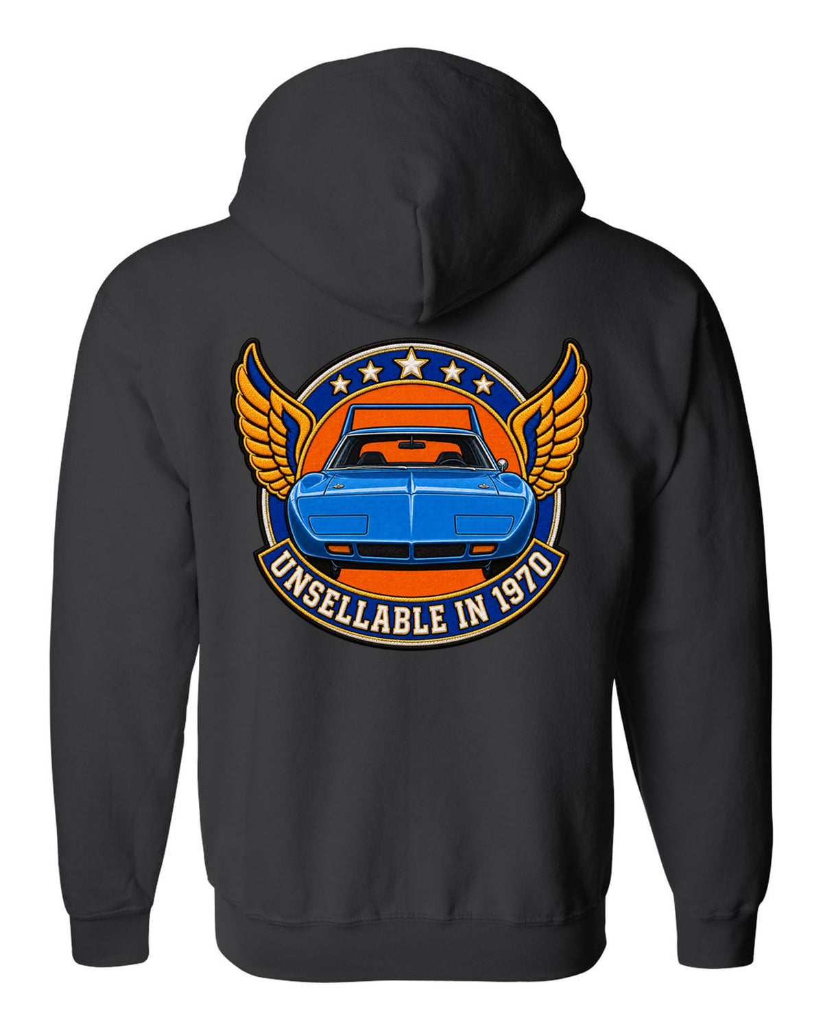 Embroidery-style varsity crest for the 1970 Plymouth Superbird with unsellable in 1970 text black zip hoodie back view with the design