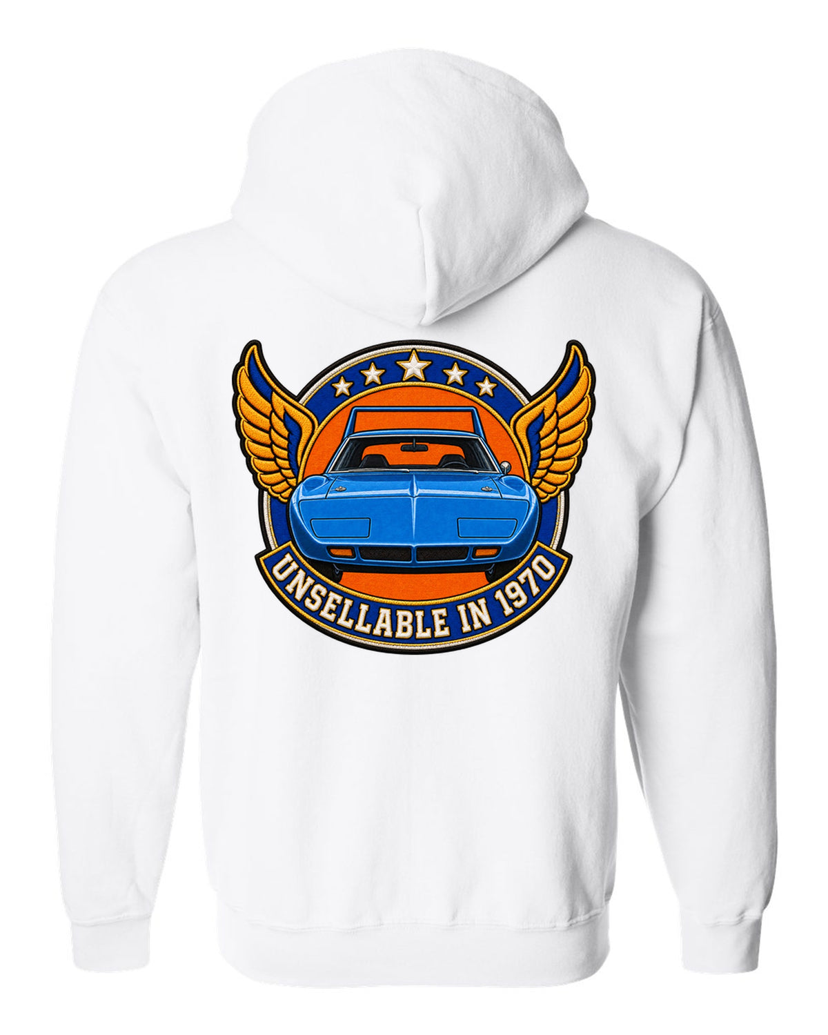 Embroidery-style varsity crest for the 1970 Plymouth Superbird with unsellable in 1970 text white zip hoodie back view with the design