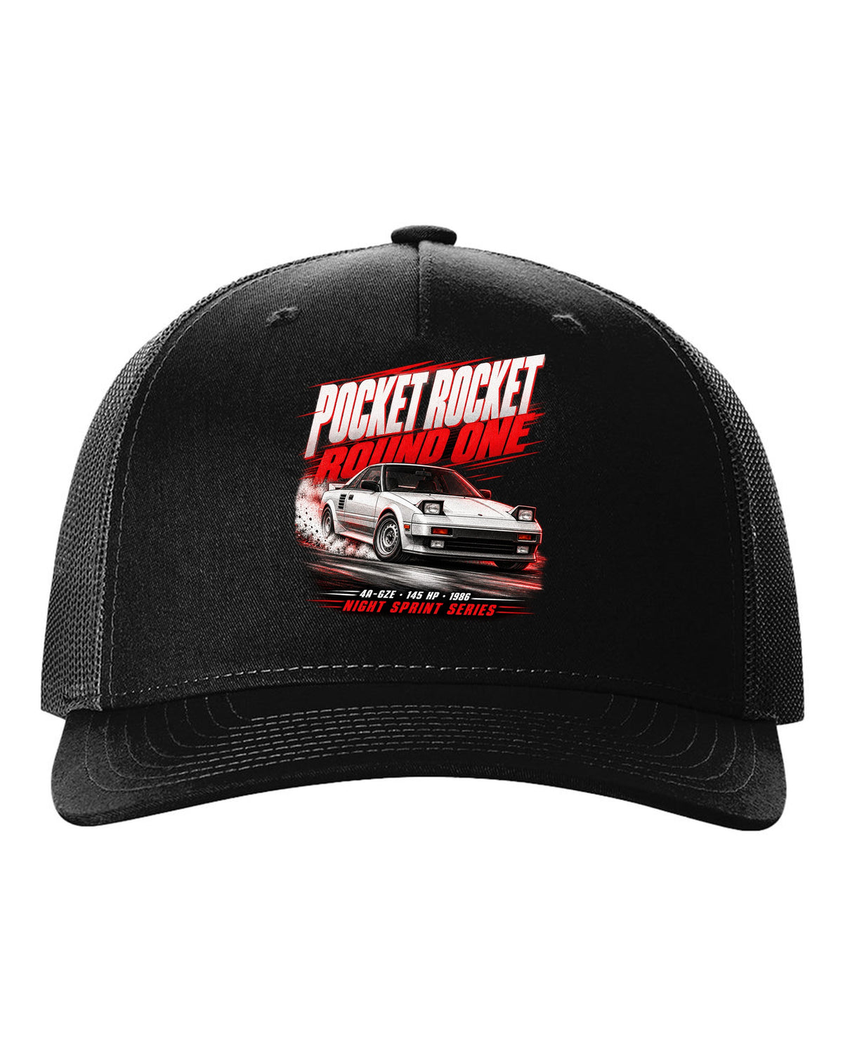 Race poster print of a supercharged Toyota MR2 AW11 with the text Pocket Rocket Round One 4A-GZE black hat front view with the design