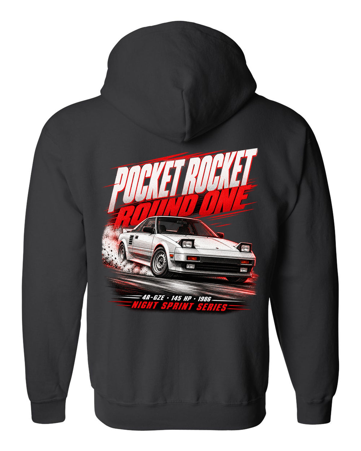 Race poster print of a supercharged Toyota MR2 AW11 with the text Pocket Rocket Round One 4A-GZE black zip hoodie back view with the design