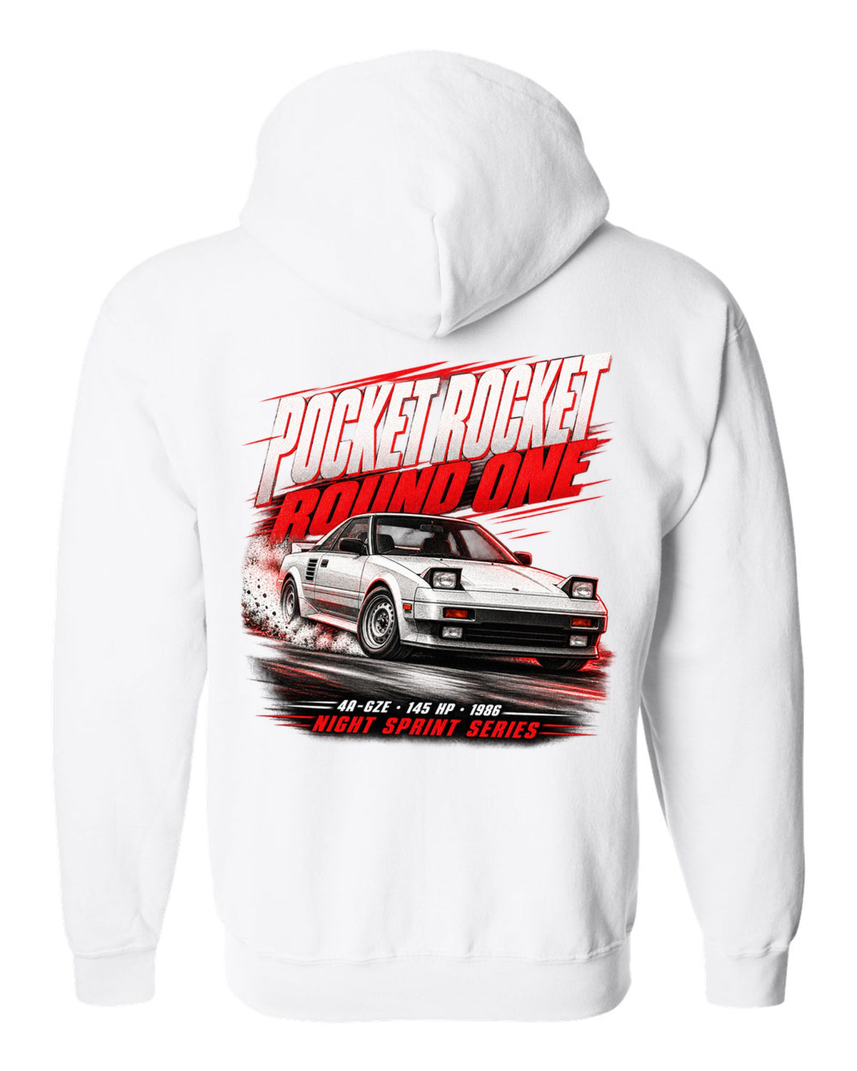 Race poster print of a supercharged Toyota MR2 AW11 with the text Pocket Rocket Round One 4A-GZE white zip hoodie back view with the design