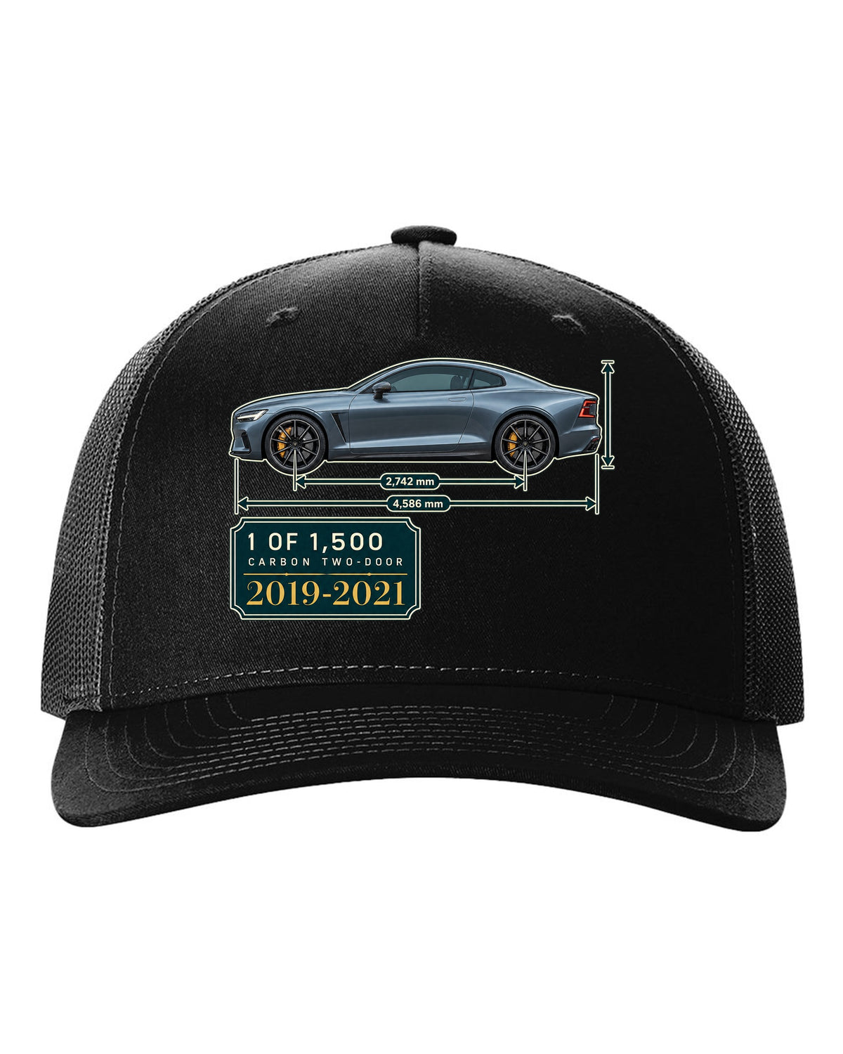 Polestar 1 archive panel print showing 1 of 1,500 carbon two-door black hat front view with the design