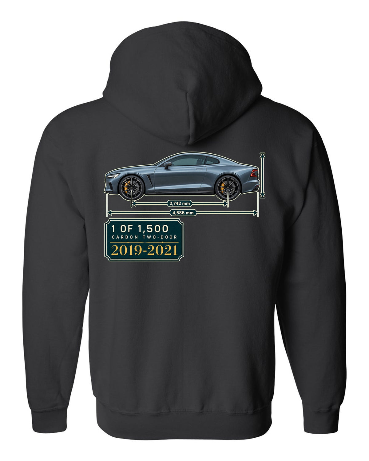 Polestar 1 archive panel print showing 1 of 1,500 carbon two-door black zip hoodie back view with the design