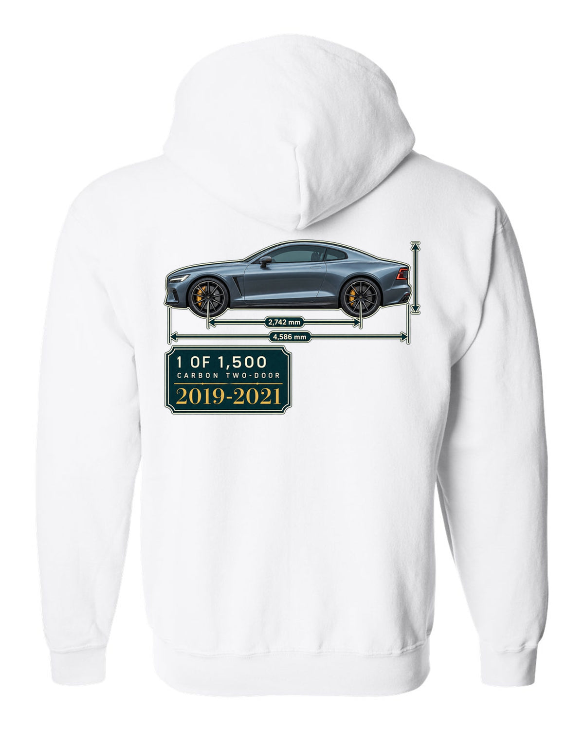 Polestar 1 archive panel print showing 1 of 1,500 carbon two-door white zip hoodie back view with the design