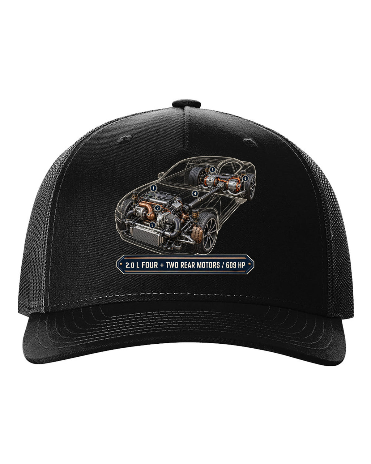 Polestar 1 hybrid drivetrain illustration, engine hero print black hat front view with the design