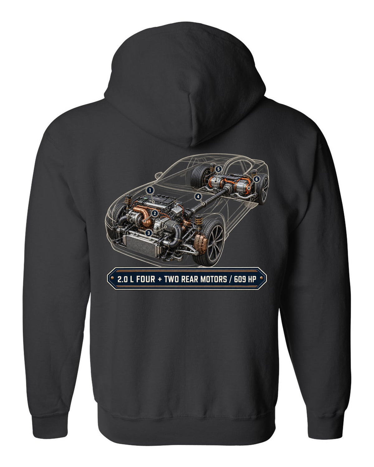 Polestar 1 hybrid drivetrain illustration, engine hero print black zip hoodie back view with the design