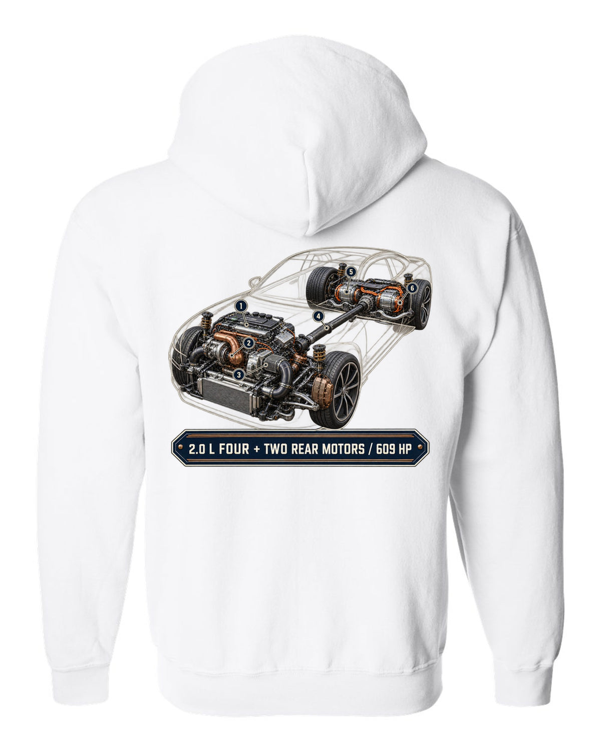 Polestar 1 hybrid drivetrain illustration, engine hero print white zip hoodie back view with the design