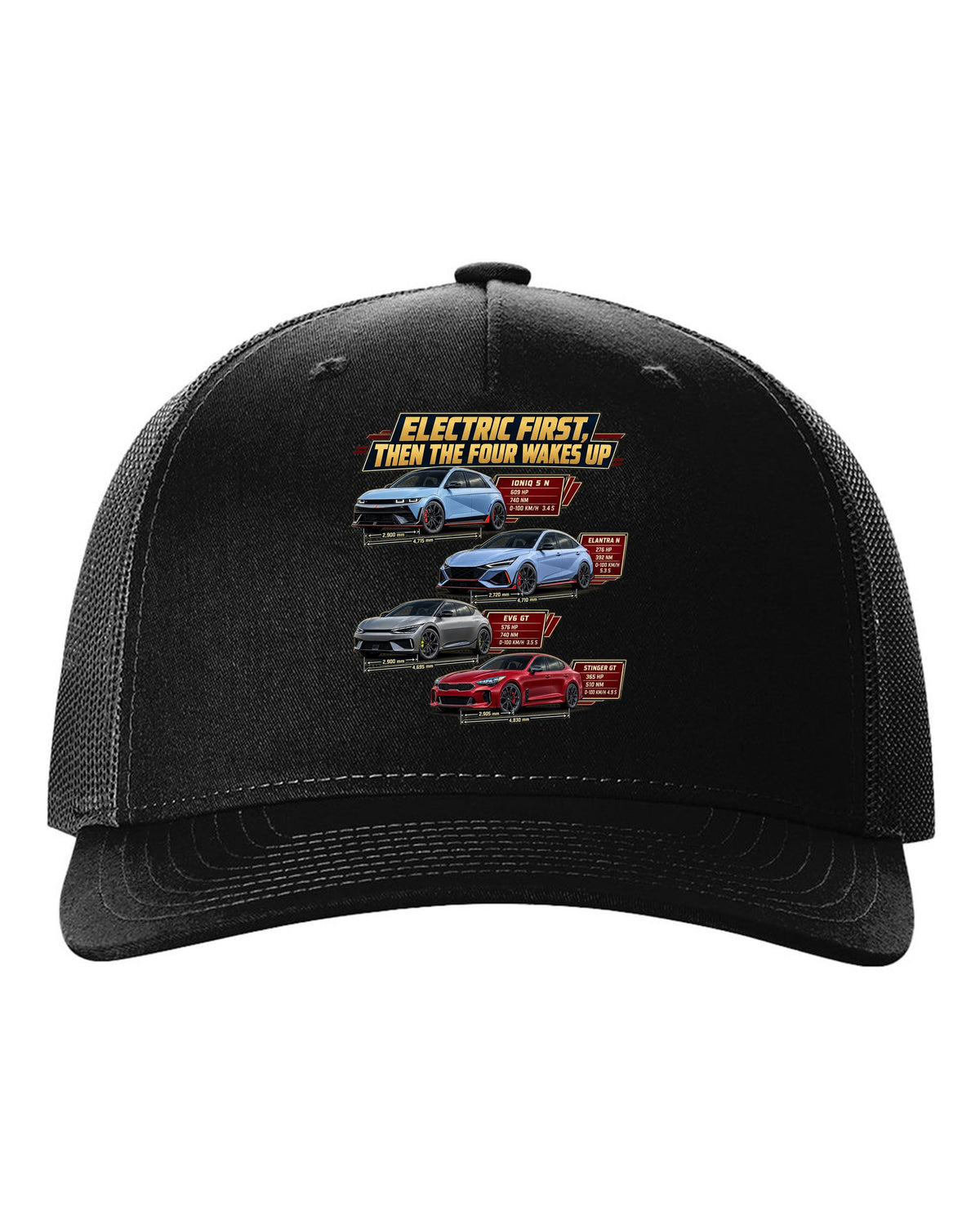 Polestar 1 spec poster print on a shirt black hat front view with the design