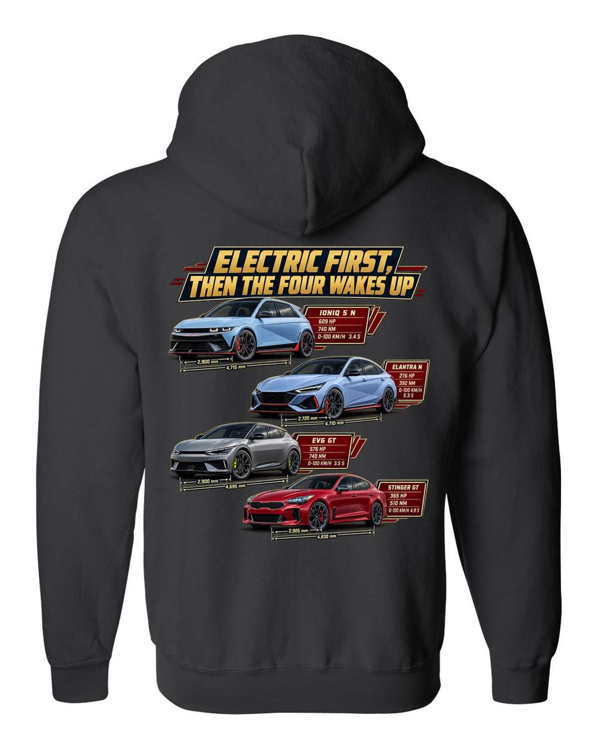 Polestar 1 spec poster print on a shirt black zip hoodie back view with the design