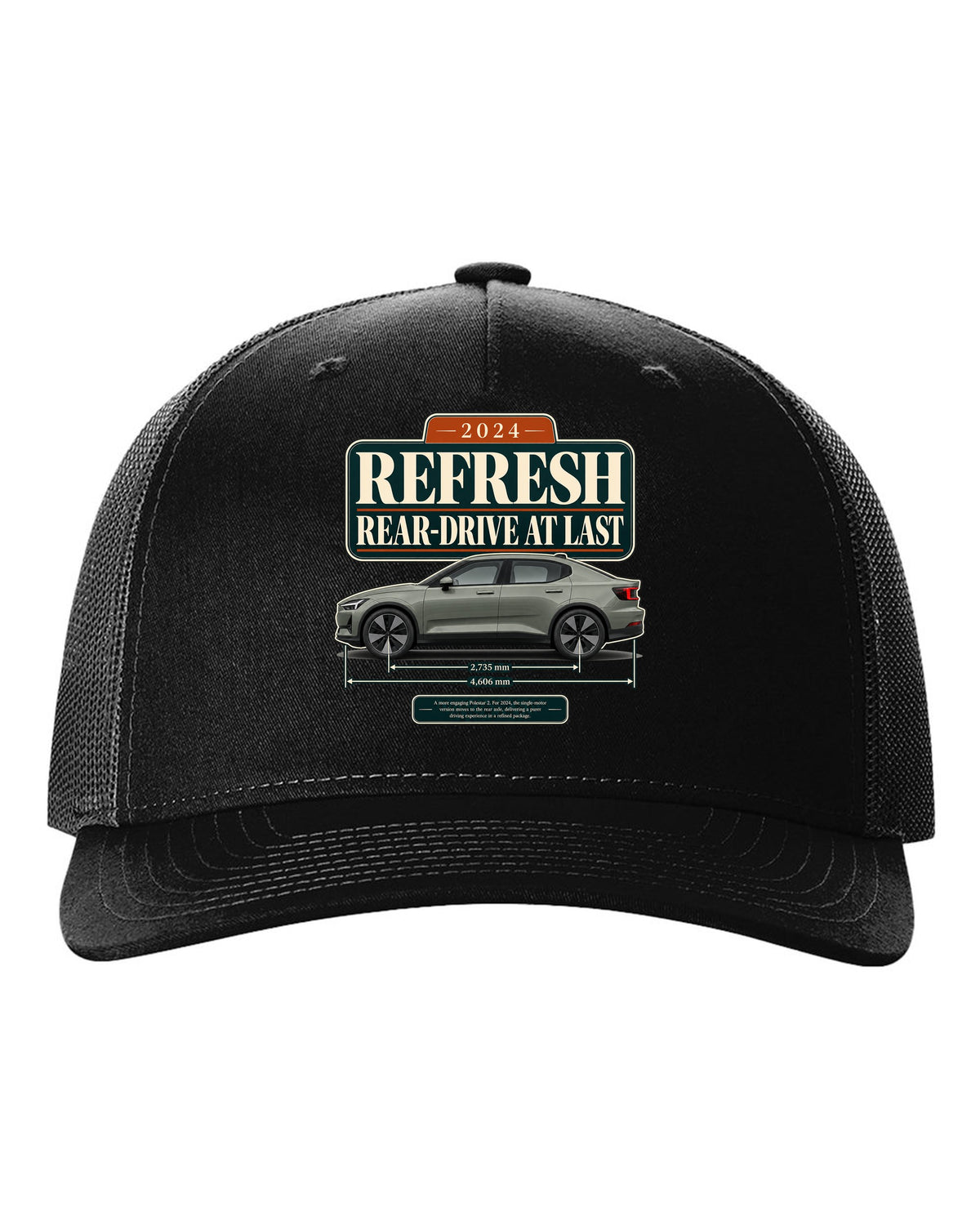 Polestar 2 2024 refresh editorial headline print on a shirt black hat front view with the design