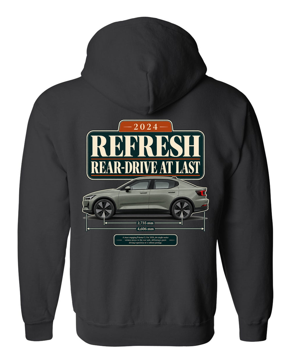 Polestar 2 2024 refresh editorial headline print on a shirt black zip hoodie back view with the design