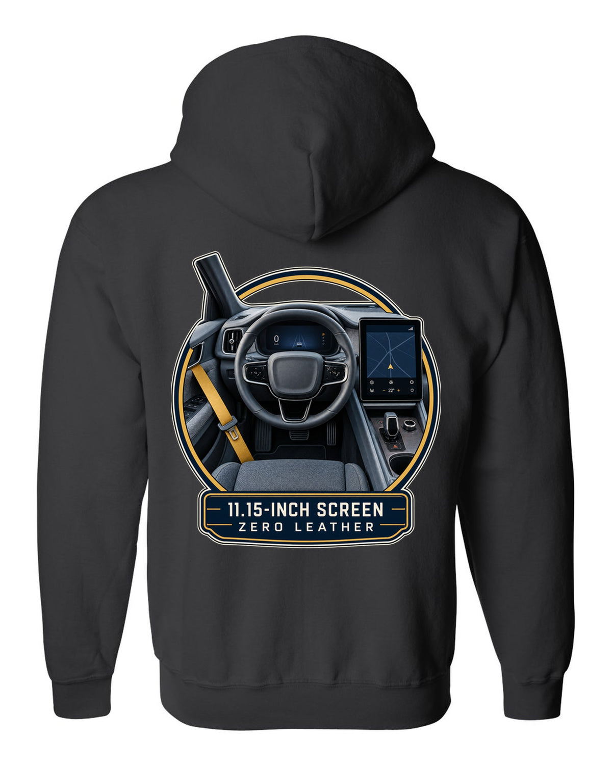 Polestar 2 cockpit with large centre screen, print design black zip hoodie back view with the design