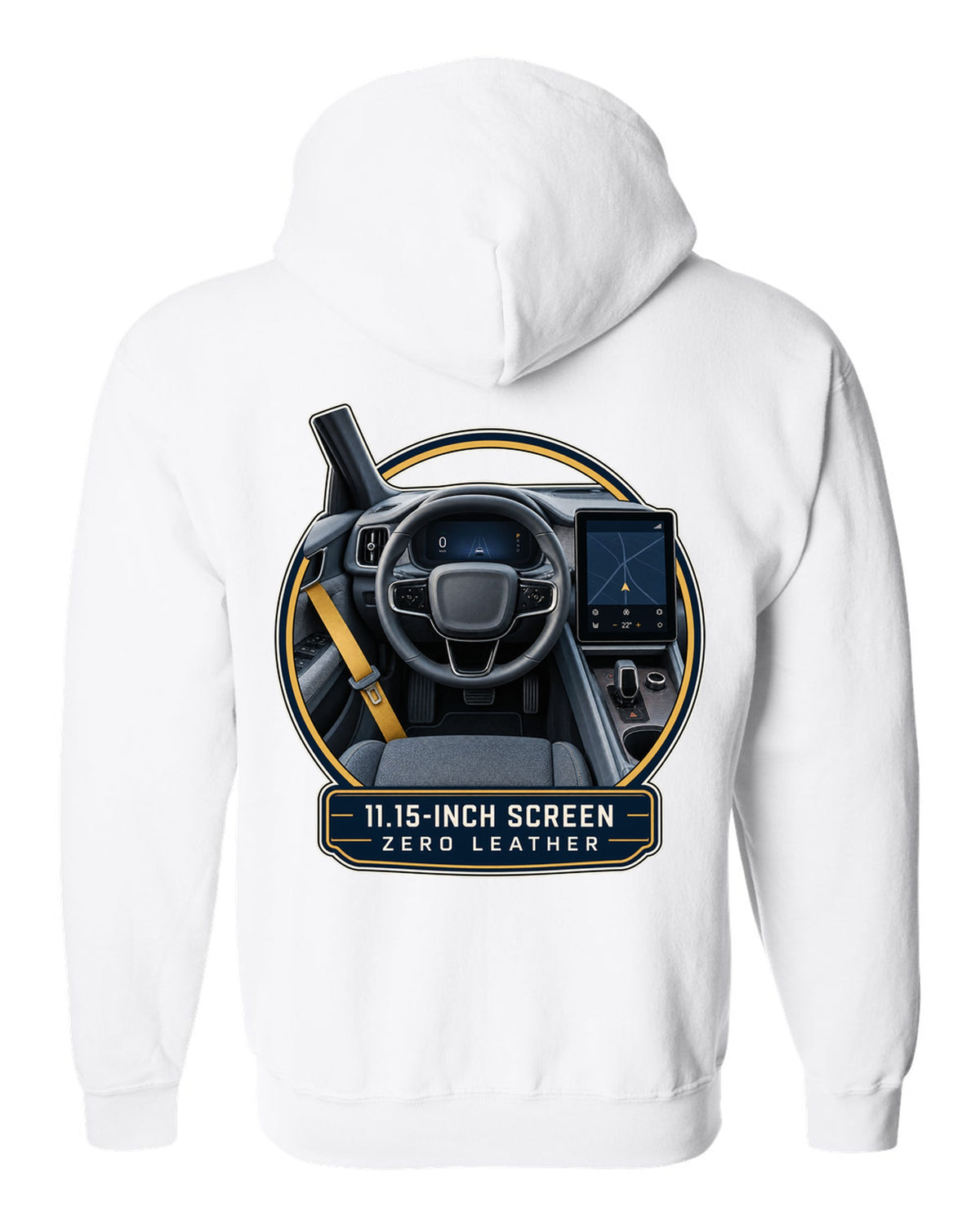 Polestar 2 cockpit with large centre screen, print design white zip hoodie back view with the design