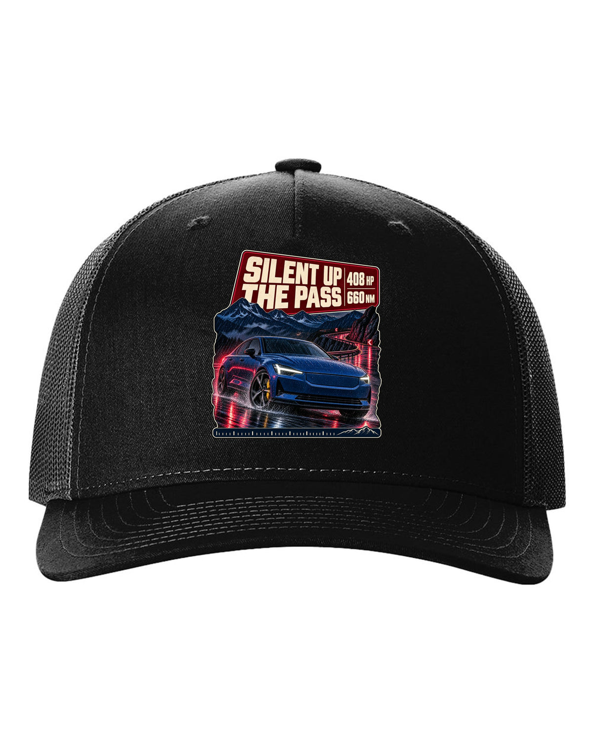 Polestar 2 Launch Edition driving a mountain pass at night, print design black hat front view with the design