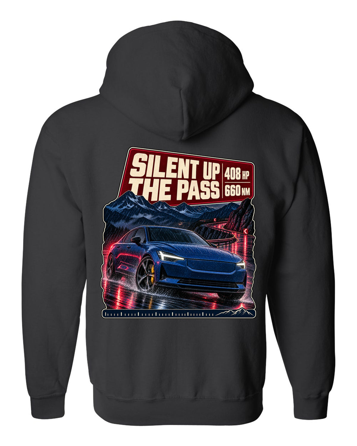 Polestar 2 Launch Edition driving a mountain pass at night, print design black zip hoodie back view with the design