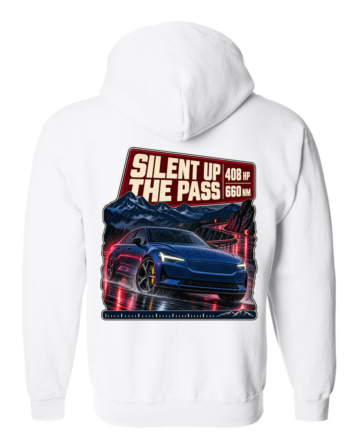 Polestar 2 Launch Edition driving a mountain pass at night, print design white zip hoodie back view with the design