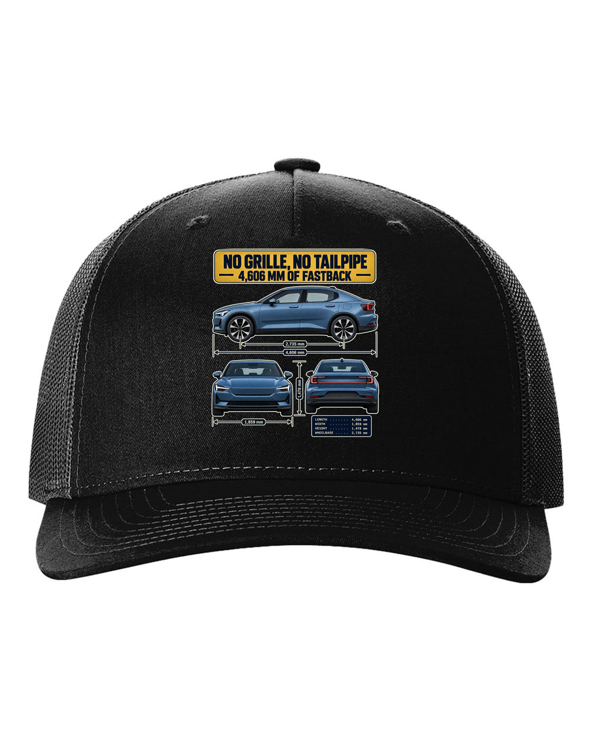 Three-view spec table print of a Polestar 2 fastback 2020-2023 black hat front view with the design