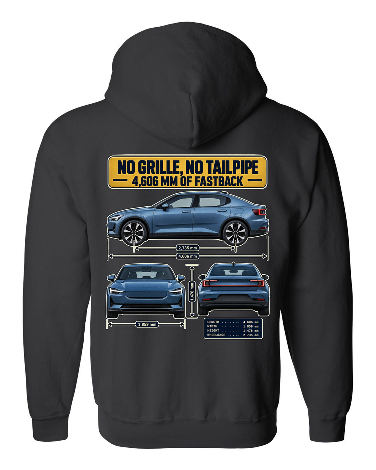 Three-view spec table print of a Polestar 2 fastback 2020-2023 black zip hoodie back view with the design