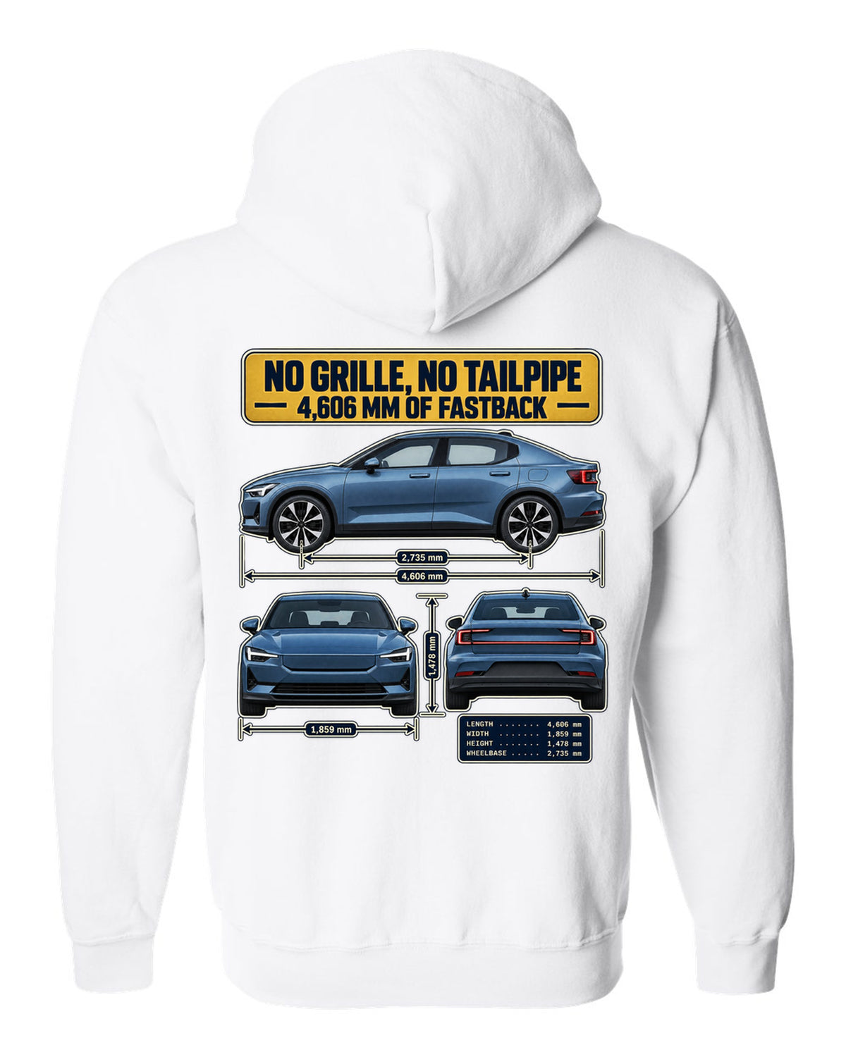 Three-view spec table print of a Polestar 2 fastback 2020-2023 white zip hoodie back view with the design