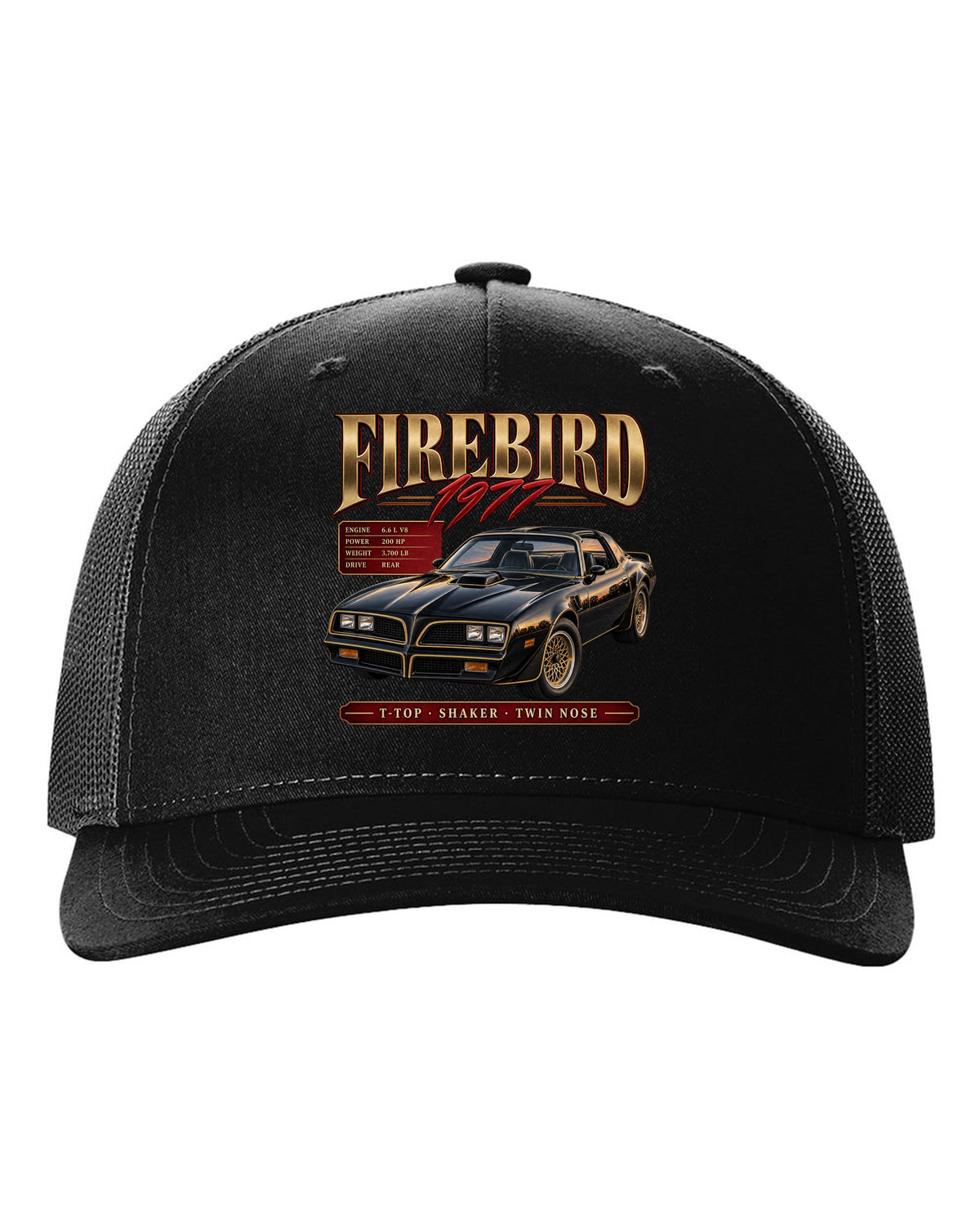 print archive panel of a 1977 Pontiac Firebird T-top with shaker and twin nose lettering black hat front view with the design