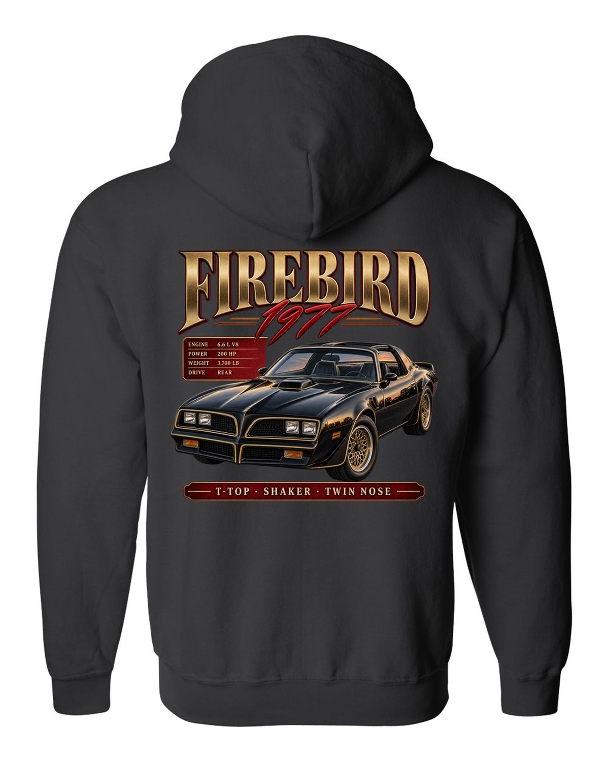 print archive panel of a 1977 Pontiac Firebird T-top with shaker and twin nose lettering black zip hoodie back view with the design