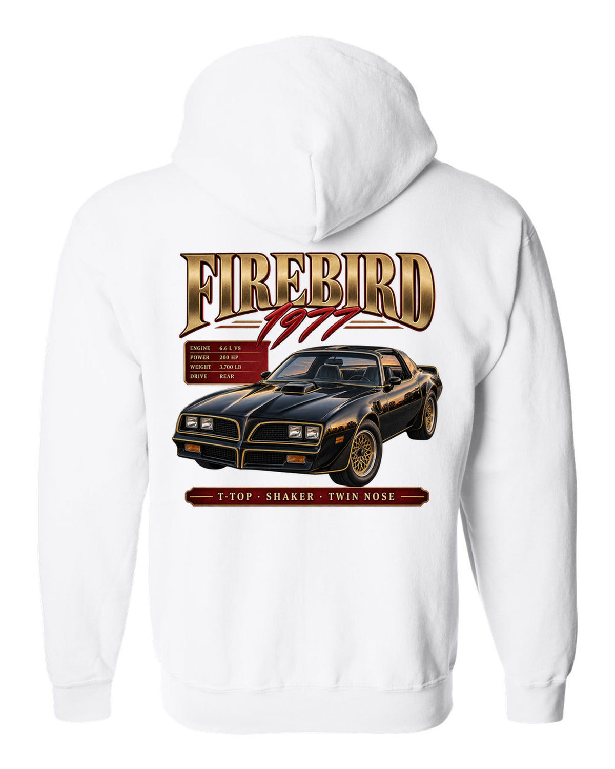 print archive panel of a 1977 Pontiac Firebird T-top with shaker and twin nose lettering white zip hoodie back view with the design