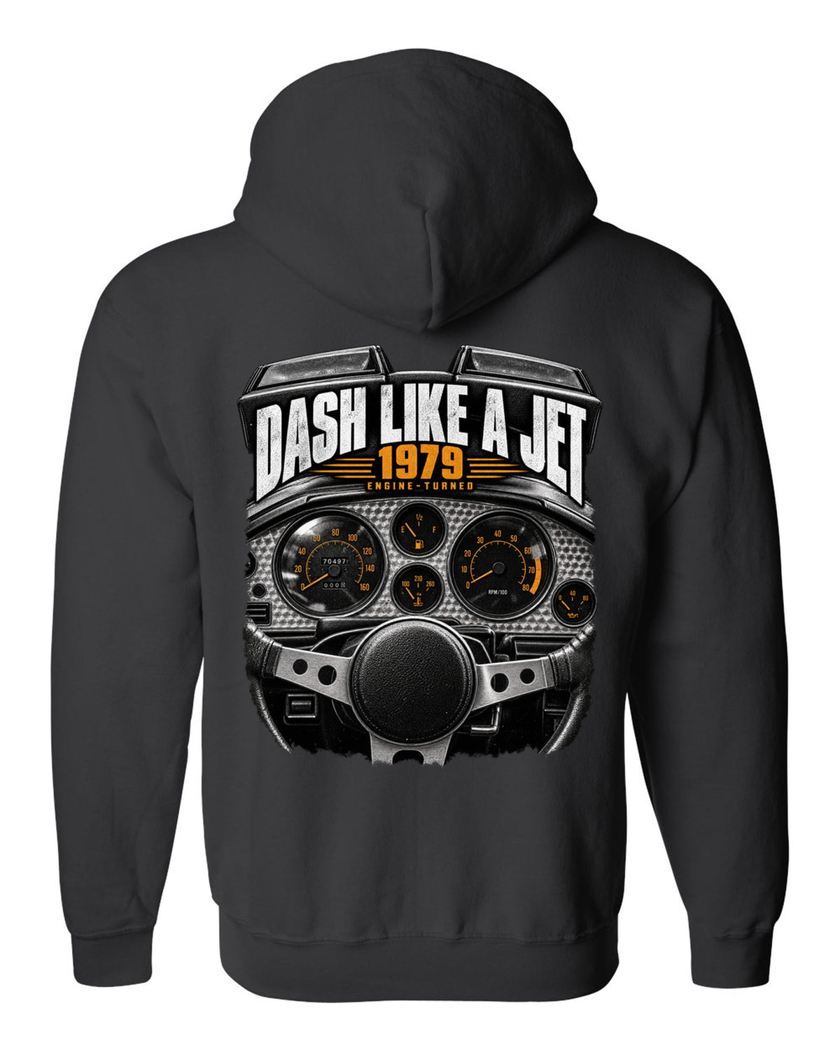 print of a 1979 Pontiac Firebird cockpit with engine-turned dash panel black zip hoodie back view with the design