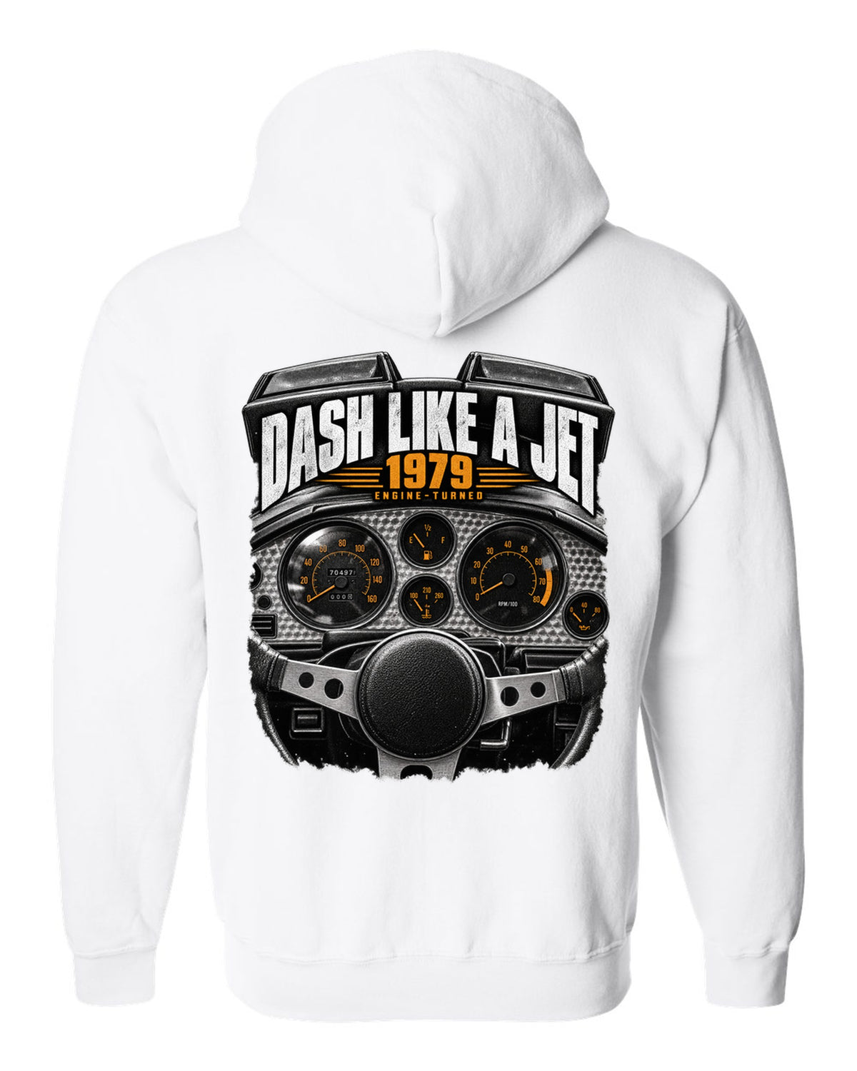 print of a 1979 Pontiac Firebird cockpit with engine-turned dash panel white zip hoodie back view with the design