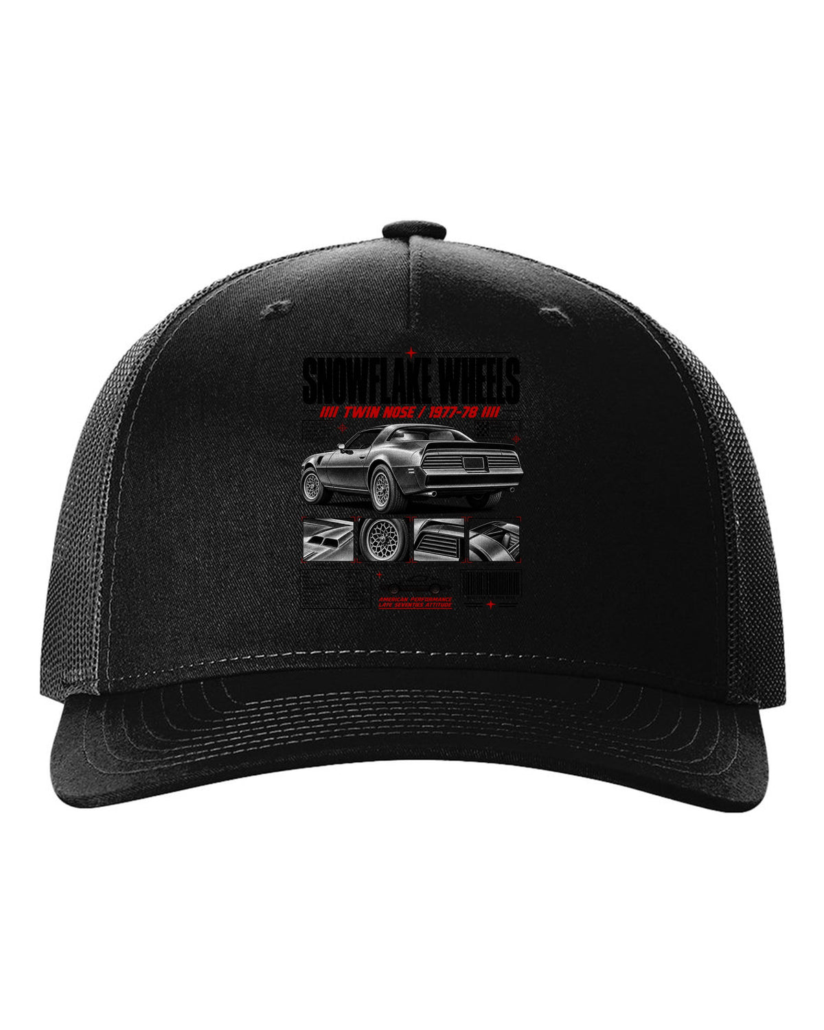 print dossier panels of a 1978 Pontiac Firebird Formula with snowflake wheels black hat front view with the design